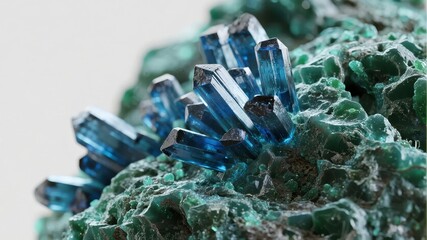 Blue quartz crystals growing on a green mineral matrix