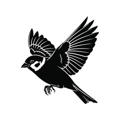 Graceful black and white illustration of a common sparrow in mid-flight, capturing the essence of nature's beauty and the spirit of avian freedom with widespread wings