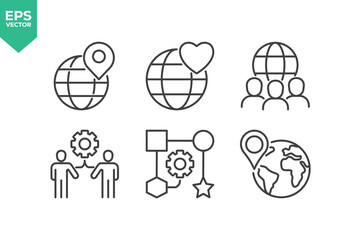 Set Of Global Business Icons. Outline Symbols Elements Collection.
