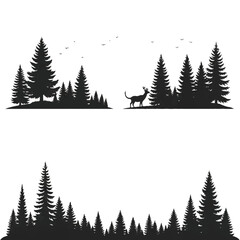 Silhouette of a forest scene with pine trees and a deer, illustrating nature's tranquility
