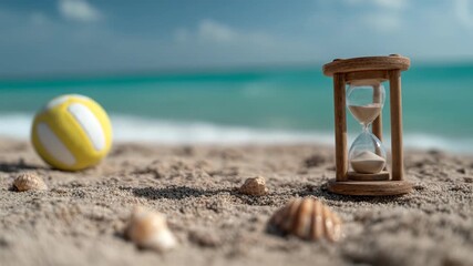 Hourglass and beach ball on tropical sand shore with ocean background - Powered by Adobe