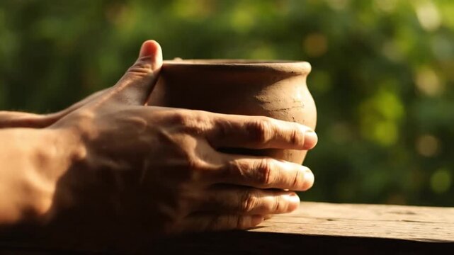 A pair of hands gently holds a rustic clay pot, a creative DIY project for Home Improvement that brings handmade warmth and charm to any space