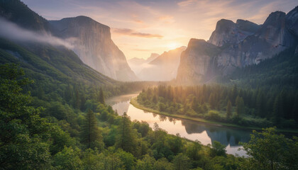 Majestic mountain valley with winding river flowing through lush green forest at golden sunrise light dramatic landscape