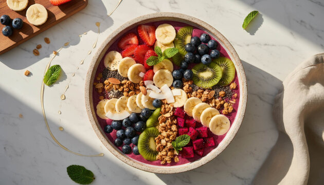 Smoothie bowl topped with fresh fruit nut granola seed arranged in colorful section healthy breakfast meal