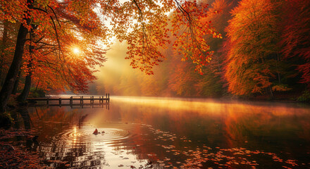 Tranquil autumn lake with wooden dock, misty water, golden foliage, peaceful morning light, fall season landscape