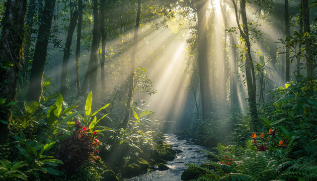 Sunbeam piercing through misty rainforest canopy illuminating lush green fern vegetation creek water morning
