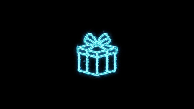 Blue Neon Gift Box Icon on Black Background present