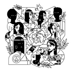 Conceptual illustration of global diversity and human interconnectedness, featuring women's faces as puzzle pieces surrounding the Earth, embodying peace and collective harmony