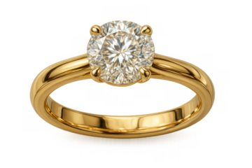 Gold engagement ring with solitaire diamond, symbolizing love, marriage, and a wedding proposal, on transparent background
