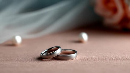 Elegant metallic rings and pearls on soft pink fabric