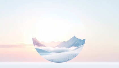 Serene mountain landscape nestled within a delicate, transparent sphere, reflecting the tranquil glow of a minimalist winter dawn
