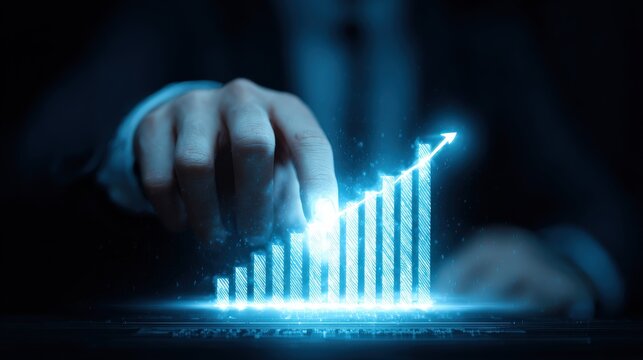 Human hand interacting with glowing digital bar chart showing upward trend