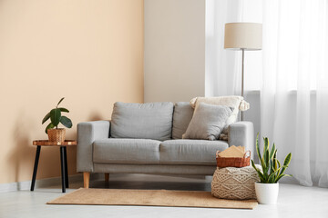 Interior of living room with floor lamp, sofa and houseplants