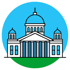 A stately government building with a central dome and classic columns, set against a bright blue sky and green lawn, isolated on