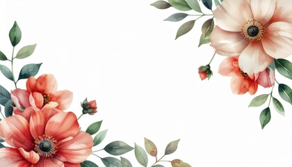 Elegant watercolor floral corner design with soft peach and coral blossoms and verdant leaves, ideal for beautiful spring and wedding invitations