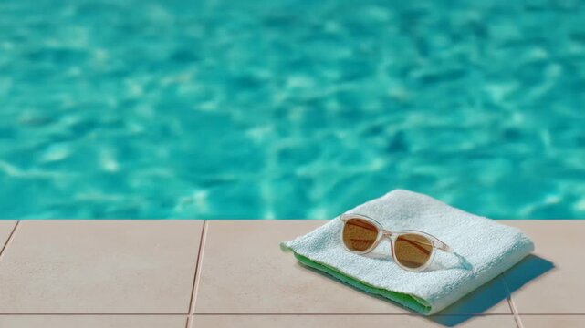 Sunglasses and towel resting on poolside edge with blurred water background