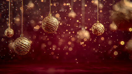 A soft and magical Christmas wallpaper featuring golden ornaments floating in the air, soft, warm bokeh lights glowing in the background, and snowflakes drifting slowly.