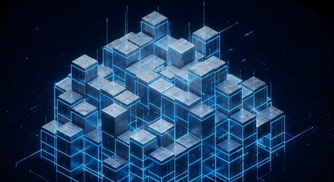 Digital Stack Abstract 3D Cubes with Neon Accents for Tech and Futuristic Designs