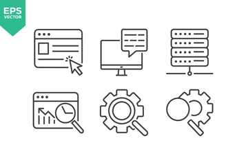 Set Of Web Development Line Icons. Contains such icons as Web Design, Data Analysis, Coding, SEO, Portfolio, Website, Creative Occupation, Graphic Elements, and more.