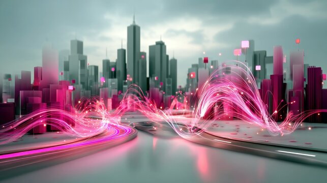 A stylized, futuristic cityscape with abstract pink light trails and glowing particles weaving through modern buildings.