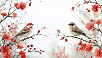 An elegant digital illustration of two small birds perched on delicate blossoming branches with vibrant red flowers, evoking a sense of spring tranquility