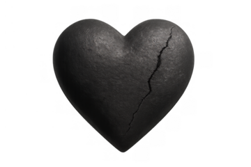 Dark stone heart breaking apart, representing concepts of love, loss, emotional pain, sorrow, and divorce. Transparent background