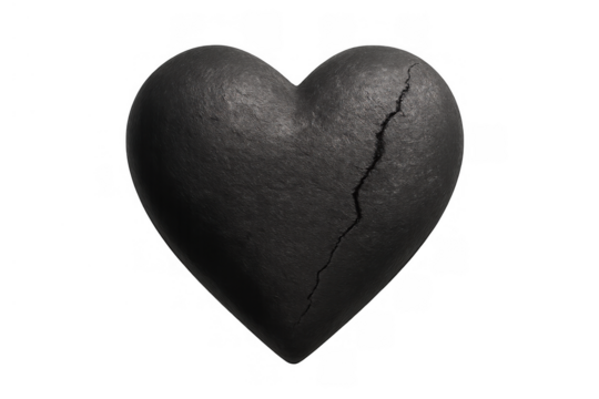 Dark stone heart breaking apart, representing concepts of love, loss, emotional pain, sorrow, and divorce. Transparent background