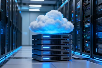 A high-tech server rack, bathed in a cool blue light, symbolizes the concept of cloud computing. This scene depicts data storage, a future of digital connectivity.