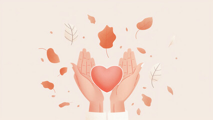 Thanksgiving Gratitude Light Series — Warm Pastel Gratitude Symbol Illustration, Hands Holding Heart with Autumn Leaves
