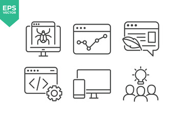 Set Of Web Development Line Icons. Contains such icons as Web Design, Data Analysis, Coding, SEO, Portfolio, Website, Creative Occupation, Graphic Elements, and more.