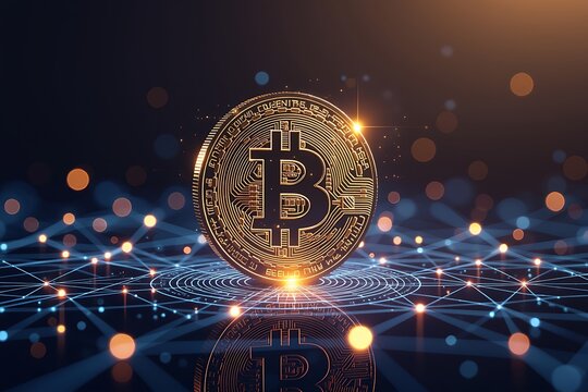 A gleaming Bitcoin coin hovers amid a complex network of interconnected data nodes, evoking a sense of digital innovation and financial evolution. 