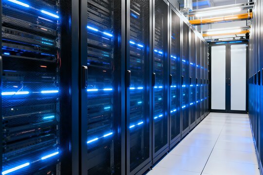 A futuristic server room bathed in blue light, showcases technology and data storage. Servers stand in an organized array, highlighting the complex infrastructure of information management.