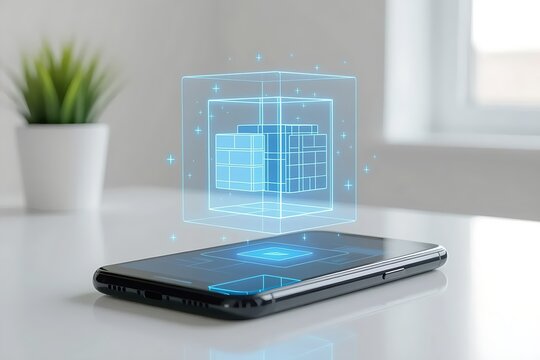 A futuristic smartphone showcasing a holographic projection of complex 3D structures on a modern surface. Explore the cutting-edge fusion of technology and design.