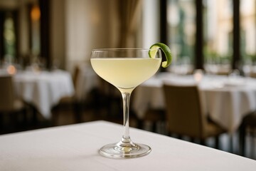 Sophisticated daiquiri served in a classic coupe glass with a lime twist, photographed in an upscale restaurant setting with soft ambient lighting.