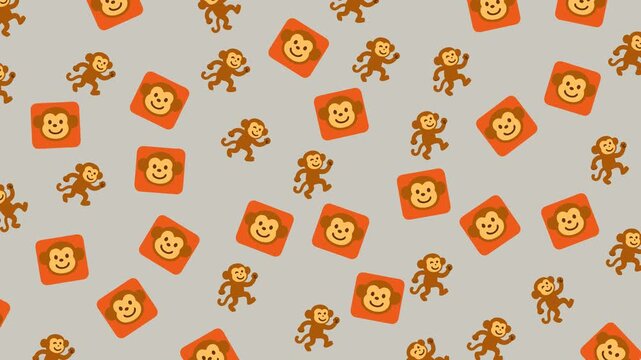 Monkey doodle style grey background featuring playful monkey icons and geometric squares creates visual interest.