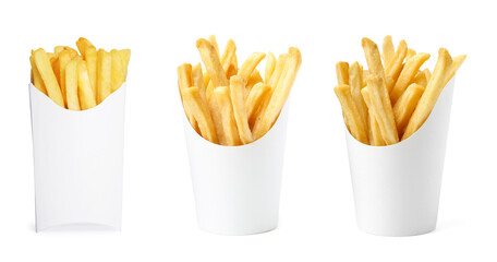 Tasty French fries in paper takeout containers isolated on white, set