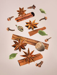 Christmas spices falling on grey background. Anise, cinnamon, cloves, nutmeg and cardamom