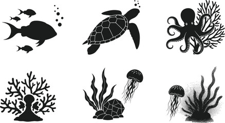 Underwater marine life vector illustration set with fish, sea turtle, octopus, jellyfish, coral reef and ocean plants, perfect for ocean conservation and aquatic design themes