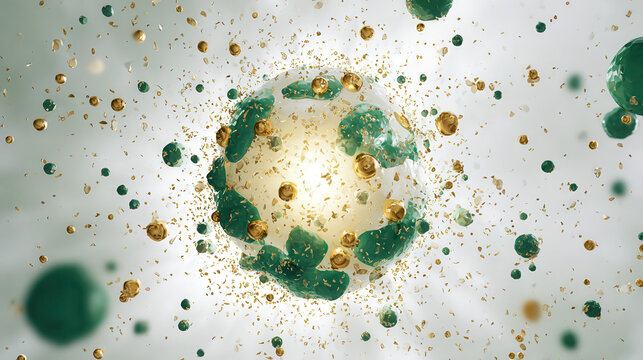 Microscopic view of a vibrant glowing cell with surrounding particles