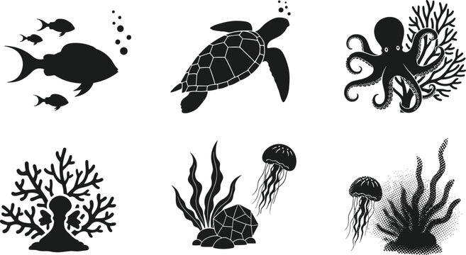 Underwater marine life vector illustration set with fish, sea turtle, octopus, jellyfish, coral reef and ocean plants, perfect for ocean conservation and aquatic design themes