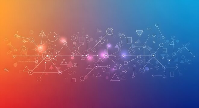 Abstract Network Connecting Geometric Shapes with Lines on a Colorful Gradient Background