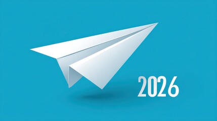 Naklejka premium White paper airplane object flies across a bright blue background next to the year 2026