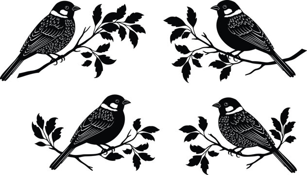 Vintage bird silhouette vector illustration of perched songbirds on leafy branches, elegant decorative nature artwork for prints, pattern design, craft projects and botanical themed graphics