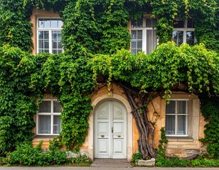 Stone house with white windows and door, covered by green ivy