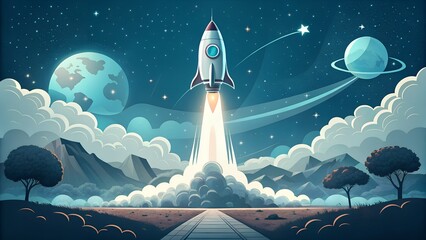 Bold rocket launch towards new frontiers in dreamy space landscape with mountains and planets