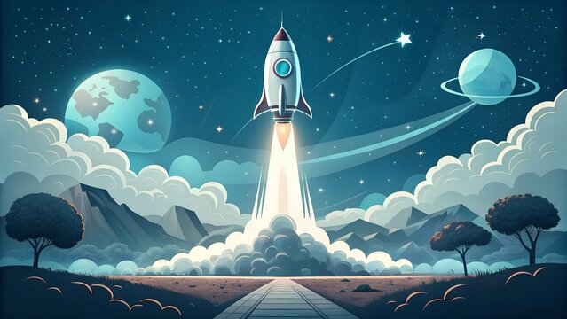 Bold rocket launch towards new frontiers in dreamy space landscape with mountains and planets