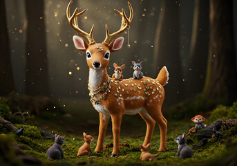 Deer and forest creatures illustration