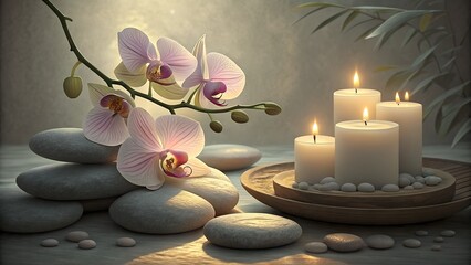 Relaxing spa scene with orchids, candles, and stones creating peaceful zen atmosphere for wellness retreat