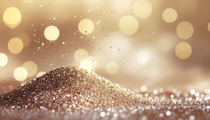 A shimmering pile of glitter sparkles against a blurred background of golden bokeh lights.