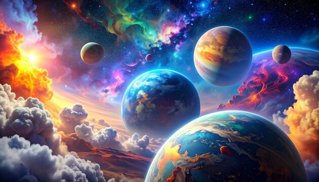 Explore vibrant planets and cosmic wonders in this stunning galactic fantasy artwork for science and technology lovers